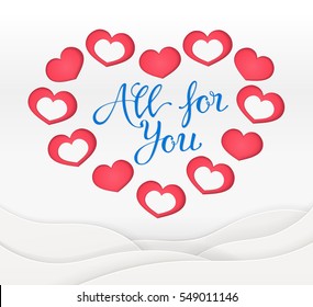 VECTOR eps 10. Happy Valentine's Day Lettering. Rose-colour paper hears. Typographic background heart and bow. All for you. Rose-color paper origami waves. Paper heart children baby design card poster