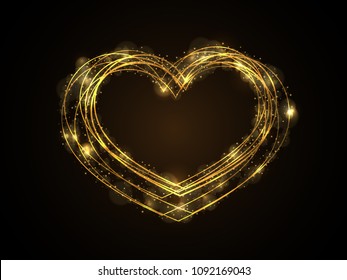 Vector eps 10 heart shaped golden frame. Shiny decorative element. Sparkling banner design