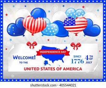 VECTOR eps 10. Holidays in the USA design. Balloons, American flag in kind of balloons for USA independence day. American flag inside the balloons. USA independence day at 4th july. American holiday
