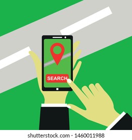 Vector EPS 10. Illustration For Banner And Web. Online Search And Location. Get Directions. Smartphone In Hand. Road And Lawn. Background For Businss