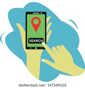 Vector EPS 10. Illustration for banner and web. Online search and location. Get directions. Smartphone on hand. Background for businss.