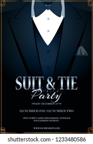 Vector EPS 10 illustration of dark blue tuxedo with black bow tie. Bachelor or vip Party Invitation Template. Realistic 3D Vector Black Suit with Bow Tie. To see similar, please VISIT MY PORTFOLIO.