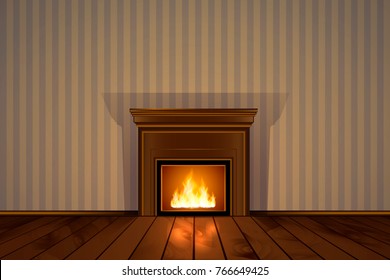 Vector eps 10 illustration of living room with fireplace. Realistic fire effect. Warm burning flame. Cozy place. Wooden floor. Design best for christmas cards banners or classic style interior designs