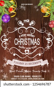 Vector EPS 10 illustration for Merry Christmas and Happy New Year . Greeting card with New Year's balls, branches of spruce, ornament, ribbons, ornament, snowflakes and banner on a wooden background