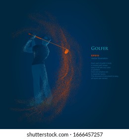 Vector eps 10 illustration one man golfer golfing golf swing taking a shot glowing silhouette, fire sparks from club