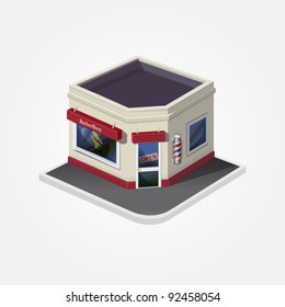 Vector eps 10 illustration of retro or vintage American barbershop with barbershop pole on white background for real estate brochures or web