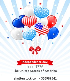 VECTOR eps 10. Independence day of the USA. Balloons, bow and stars, cute American flags in kind of balloons. Enjoy more quality good illustrations in my portfolio! Suitable for valentine's day in USA