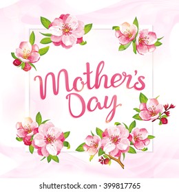 VECTOR eps 10. Japanese flowering, Sakura Blossom. Hand drawn lettering text Mother's day. Sakura flowers are design for Mothers day and other romantic ways. Background with pink isolated flowers
