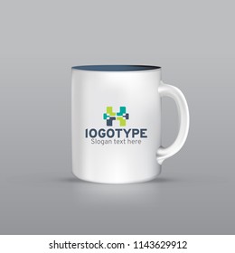 Vector EPS 10. Mock up of cup with logotype in white color. Branding identity design.