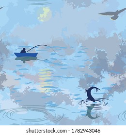 Vector EPS 10 pattern Fishing on the Lake. In addition, there are 2 companions Fisherman in a Boat on white background and Birds in the Sky on blue background.