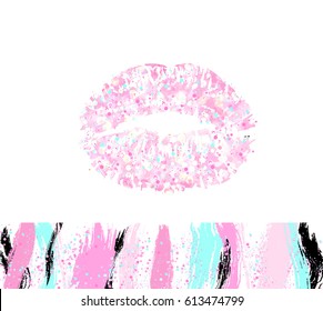 VECTOR eps 10. Pink glitter illustration of mouth isolated on black background. Glamour kiss print with gold shimmer for luxury design. Fashion lips, grunge dirty, brushes of mascara for eyes lipstick