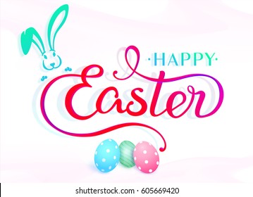 VECTOR eps 10. Ready design for Easter. Hand drawn lettering text "Happy Easter" on white background. Illustration painted bright pink violet colors
Card 2017 text "Happy Easter" funny vector bunny 