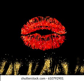 VECTOR eps 10. RED glitter illustration of mouth isolated on black background. Glamour kiss print with gold shimmer for luxury design. Fashion lips, grunge dirty, brushes of mascara for eyes lipstick