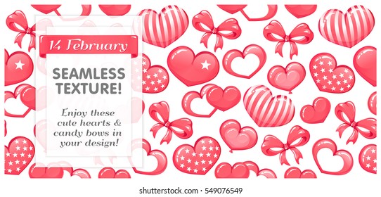 VECTOR eps 10. Rose-color SEAMLESS texture. Cute background with hearts,  bows. For Saint Valentine's day design in pink rose colours. Saint Valentine's day texture seamless pattern with hearts bows
