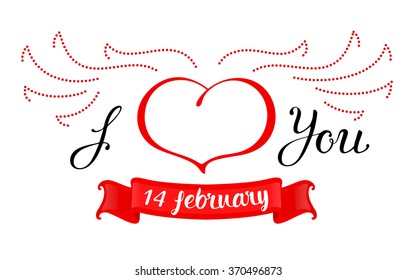 VECTOR eps 10. Saint Valentines Day. Vintage grunge hand Lettering " i love you". Heart with wings and red ribbon with "14 february"