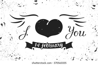 VECTOR eps 10. Saint Valentines Day. Vintage grunge hand Lettering " i love you". Heart with wings and black ribbon with "14 february"
