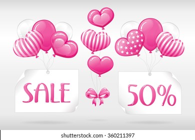 VECTOR eps 10. SALE 50% with Balloons pink heart Balloons! Design FOR Mothers day, Valentines day, Greeting, Wedding invitations. Enjoy different color of balloons  in my portfolio! Sale 50% with bow
