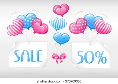 VECTOR eps 10. SALE 50%! Pink blue Design FOR Mothers day, Valentines day, Wedding invitations and other romantic ways. Pink white blue balloons for sale for shopping. SALE See more balloons in SET
