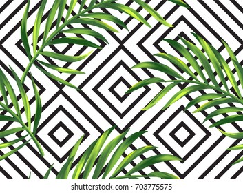 VECTOR eps 10. Seamless vector geometric texture romb palm leaves, Geometric gold glittering seamless pattern on white background. Palm leaves seamless wallpaper.