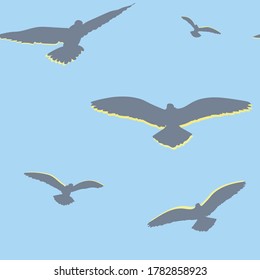 Vector EPS 10 seamless pattern Birds in the Sky on blue background. There are 2 companion patterns - Fishing on the Lake (artwork) and Fisherman in a Boat on white background.