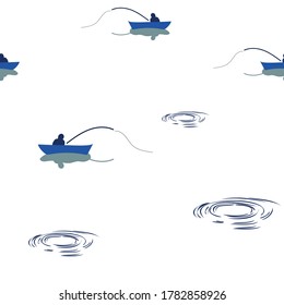 Vector EPS 10 seamless pattern Fisherman in a Boat on white background. There are 2 companion patterns - Fishing on the Lake (artwork) and Birds in the Sky on blue background.