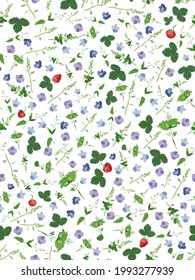 Vector EPS 10 seamless pattern - memories of summer meadow, hot sun and ripe strawberries among small blue and violet flowers in fresh grass at the forest edge, make it in the natural size of elements