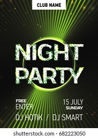 VECTOR eps 10. Shining poster for Disco placard, show bill. Abstract glowing background for night club.Shining glowing neon lines place your text. Night Party poster. Black green color background 2018