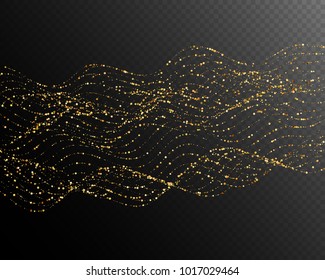 Vector eps 10 shiny golden glitter abstract wave decoration isolated on dark transparent background