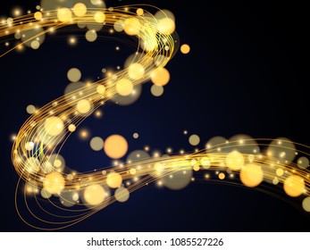 Vector eps 10 shiny golden wavy lines with glowing yellow bokeh circles abstract sparkling background.