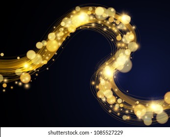 Vector eps 10 shiny golden wavy lines with glowing yellow bokeh circles abstract sparkling background.