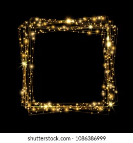 Vector eps 10 shiny golden rectangular frame with glowing lights and sparkles. Square banner decorative element design