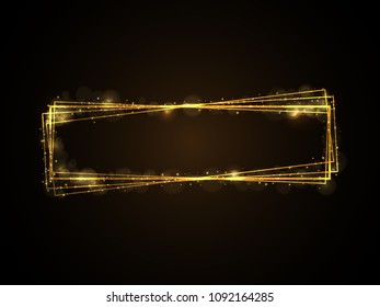Vector eps 10 shiny golden rectangular frame with sparkles. Luxury banner decorative element