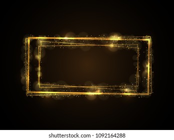 Vector eps 10 shiny golden rectangular frame with sparkles. Luxury banner decorative element