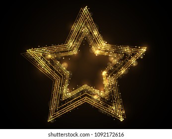Vector eps 10 shiny golden star shaped abstract frame design. Sparkling banner  decorative element with yellow bokeh circles and glowing lights  