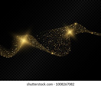 Vector eps 10 shiny sparkling golden glitter dust abstract wave isolated on dark transparent background