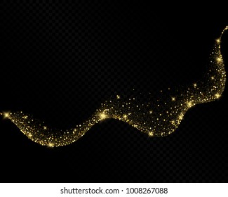 Vector eps 10 shiny sparkling golden glitter dust abstract wave isolated on dark transparent background