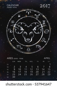 VECTOR eps 10. SILVER GLOWING Calendar for 2017 year. ARIES in april. See next month in SET. Glowing collection of Astrology Zodiac Signs. Shining elements and stars. 12 zodiac for each month 
