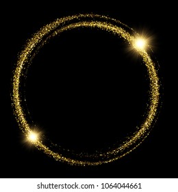 Vector eps 10 sparkling golden glitter texture round frame. Shiny banner decorative element