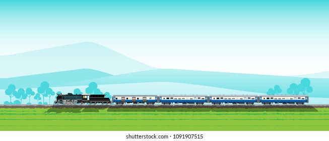 VECTOR EPS 10 - Steam Train Run Pass The Field With Mountain And Tree As A Background.