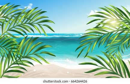 Vector eps 10. Summer vacation on island. Travel summer time! Sun, sea, palm, clouds island, sand