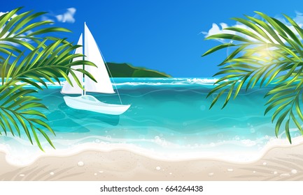 Vector eps 10. Summer vacation on island. Travel summer time! Sun, sea, palm, clouds island, sand, yacht, boat Summertime poster banner card, island and boat with palms leaves, voyage time on ship