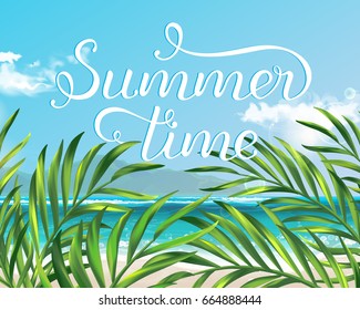 Vector eps 10. Summer vacation on island. Travel summer time! Sun, sea, palm, clouds island, sand

