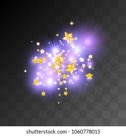 Vector eps 10 transparent shiny purple magic light effect with sparkling golden stars