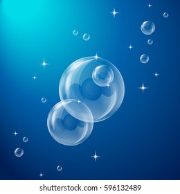 Vector eps 10 transparent water bubbles effect. Freshness, purity, 	
cleanness. Water texture, design elements. Soap, air, oxygen. Underwater background. 