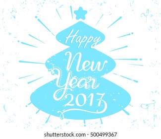 VECTOR eps 10. Vintage card Greeting card des with Handdrawn lettering calligraphy for 2017 New Year fir-tree Hand drawn lettering text on vintage grunge background. Happy New year 2017 blue fir-tree
