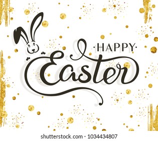 VECTOR eps 10. Vintage greeting card for Easter. Hand drawn lettering text "Happy Easter" on grunge background.  Lettering Happy Easter in moder style with golden texture. With Golden glitter brushes