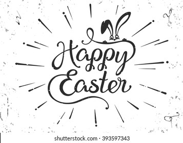 VECTOR eps 10. Vintage greeting card for Easter. Happy Easter hand drawn lettering text on grunge background. Illustration painted in retro style. lettering text "Happy Easter" fynny vector bunny 
