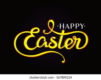 VECTOR eps 10. Vintage greeting card for Easter. Hand drawn lettering text "Happy Easter" on grunge background. Bright Yellow color on black background. Lettering Happy Easter in moder style