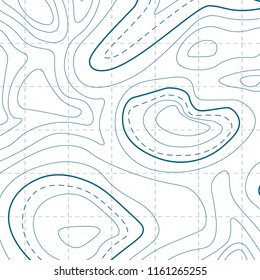 Vector EPS 10. White background with blue lines. Isolated. Topographic map background for presentation, free space for text. Lined art.