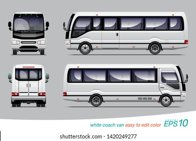 VECTOR EPS 10 - white coach van side view, rear and back, template design for right steering wheel car.
isolated on grey background, easy to edit color in layer name "body color".